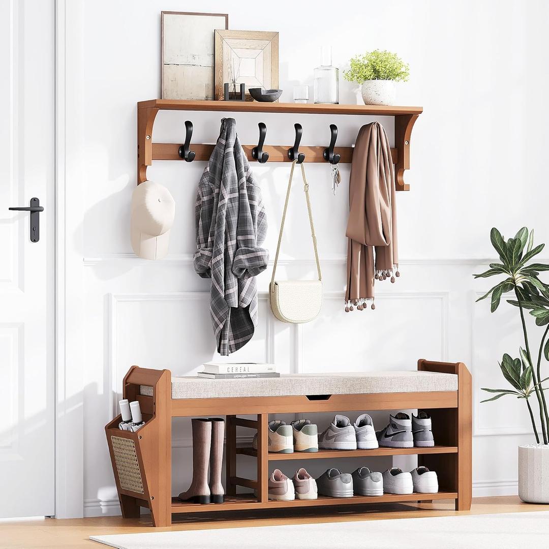 PETKABOO 39.4" Bamboo Shoe Rack Bench with Coat Rack, 3-Tier Entryway Bench with Thick Cushion, Flip-Top & Side Baskets, Holds Up to 550 LBS for Hallway, Living Room, Bedroom