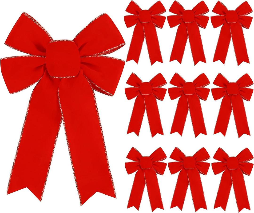 10 Pack Red Bows Christmas Tree Decorations,9x13Large Velvet Ornament Bow with Glitter Gold Edge for Xmas Home Wreath Fence Stairs Railing Fireplace Indoor Outdoor Front Door Decor (Multicolor)