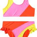 Toddler Girls Swimsuit Color Block Swimwear Kids Two Piece Bathing Suits Bowknot Beach Bikini Set, 7-8Y