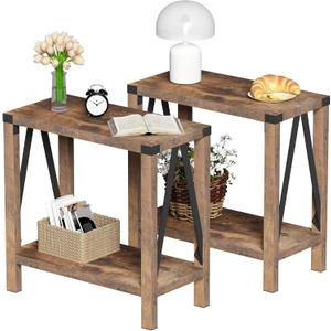 ChooChoo Farmhouse End Table for Small Spaces, Narrow Side End Table with Storage Shelf, Rustic A-Design Nightstand Sofa Table for Living Room, Bedroom (Rustic Brown) 2 Pack