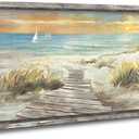 Beach Pathway Wall Art Framed: Coastal Wooden Artwork Hand Painted Seaside Painting Seascape Pictures Bedroom(40X20)