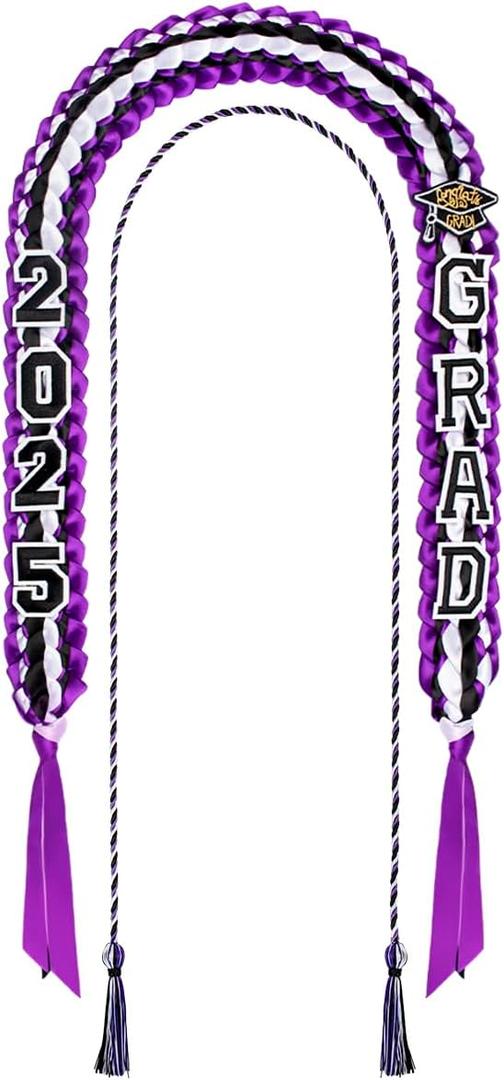 Graduation Lei Set Class of 2025 Grad Ribbon Leis with Honor Cord Double Braided Graduate Leis for Men Women (Purple Black White)