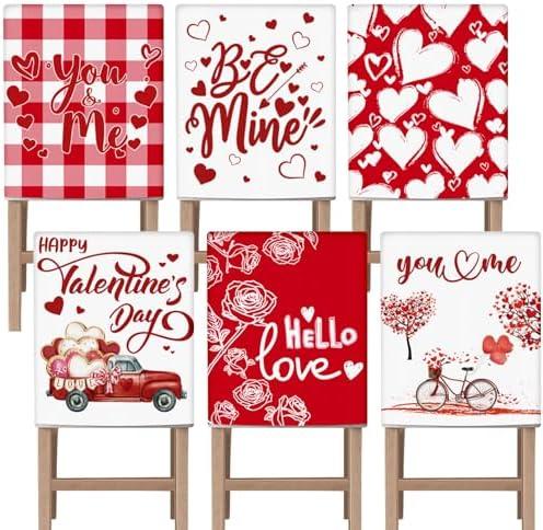 VitalCozy Set of 6 Valentine's Day Chair Covers Valentine's Day Dining Chair Slipcovers Red Heart Farmer's Truck Linen Dining Room Seat Covers Removable for Kitchen Home Anniversary Wedding Gift