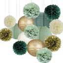 Sage Green Party Decorations, Paper Lanterns and Pom Poms Flowers for Birthday Party Baby Shower Wedding Shower Decor Gold/Ivory/Sage Green 15pcs
