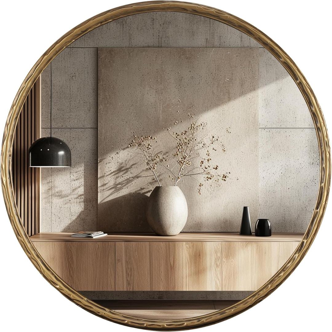 Round Bathroom Mirror-RD24 Inch Antique Gold Color Vintage Metal Framed Accent Mirror, Modern Rustic Distressed Wall Mirror Decorative for Bedroom, Living Room,Hallway-Wave Inspired Style (24"L x 24"W)