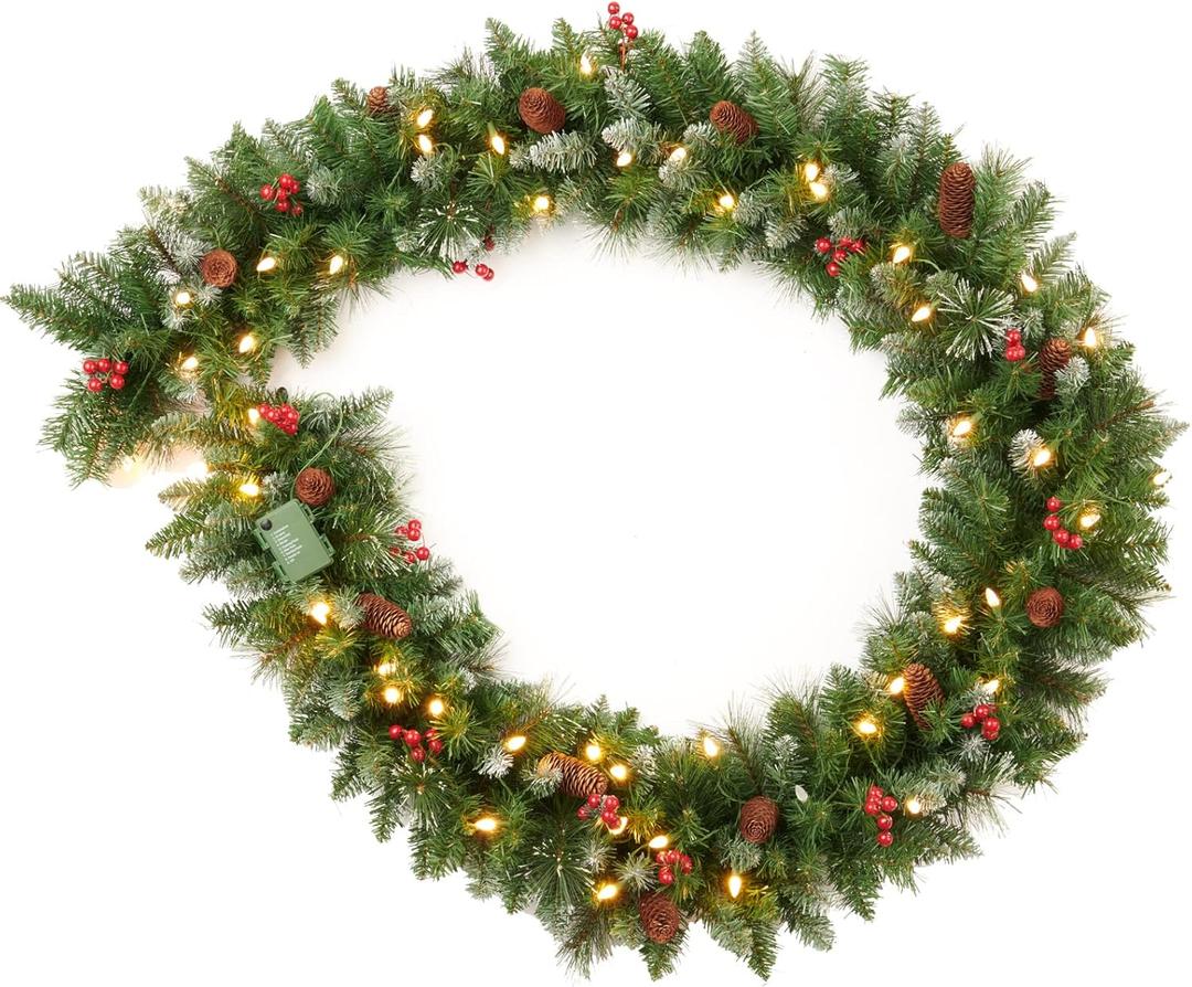 9 Feet Pre-Lit Christmas Garland, Mixed Pine Decorated with Frosted Berries, Pinecones, 50 LED with Timer, Battery Operated, for Mantle Staircase Indoor and Outdoor (Green White)