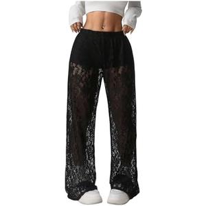 SOLY HUX Women's Lace Sheer Wide Leg Pants Elastic Waist See Through Party Trousers L