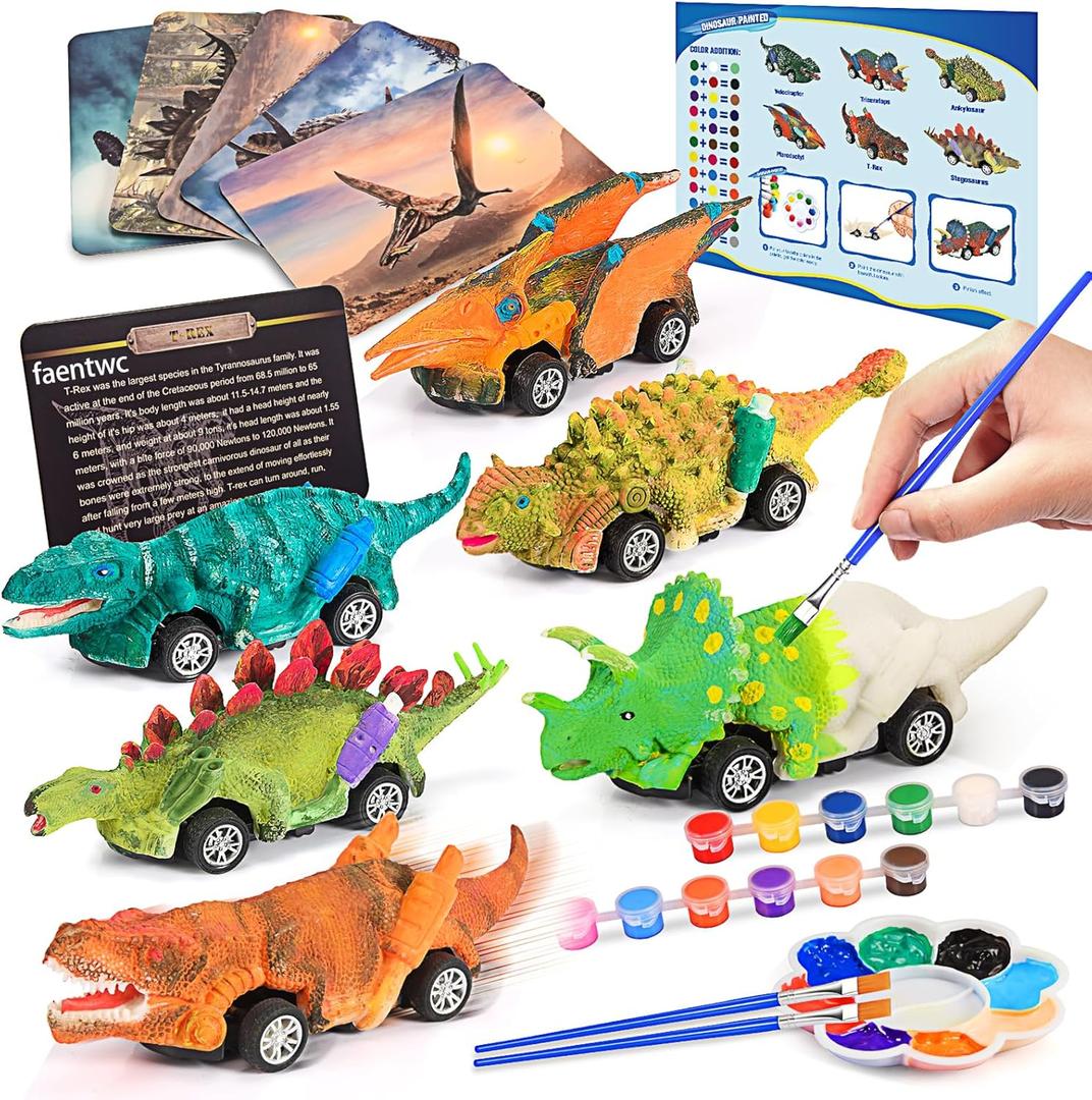 faentwc Dinosaur Painting Toys for Kids 5-7: Birthday Gifts for Kid Age 3-12 2 in 1 Dino Arts Painting Kits and Pull Back Cars Toy for Boys 4 5 6 7 8 9 10 Year Old Art & Craft Set