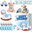 JeVenis Blue Bear Cake Decoration With Gold Balls Topper for Baby Shower and Birthday