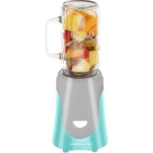 OVENTE Retro Personal Blender and Smoothie Maker with 18 Oz Mason Jar, 300W Base, Stainless Steel Blades, BPA-Free and Dishwasher Safe Container, Includes Reusable Straw and Lid, Turquoise BLH1002T