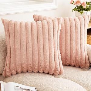 BAOLIZEGAO Double-Sided Faux Fur Plush Throw Pillow Covers 16x16 Set of 2 Fuzzy Striped Soft Cozy Pillowcase Luxury Decorative Pillows Square Shaggy Cushion Covers for Couch Sofa Bed,Pink