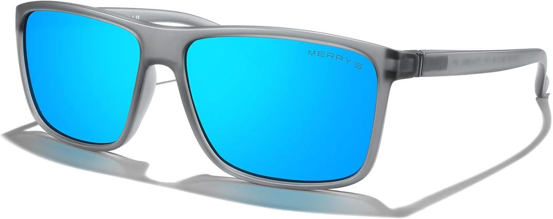 MERRY'S Rectangular Polarized Sports Sunglasses for Men Women Cycling Driving Fishing UV400 Protection S8225 (Tra Gray Frame/Gray Metal/Blue Mirror Lens)