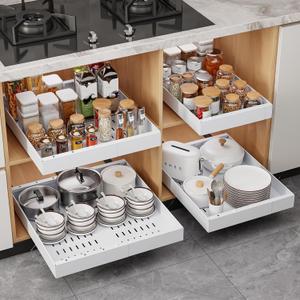 OneDream 4 Pack Pull Out Cabinet Organizer, 21" Deep Slide Out Drawers for Kitchen Cabinets, No Drill Adhesive Pull Out Drawers for Cabinets, Roll Out Shelves Adjustable Width 12.05"-20.4" (White)