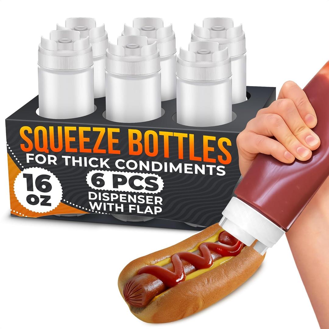 Set of 6 Condiment Squeeze Bottles 16 oz Easy-to-Fill Clear Sauce Bottle with Self-Closing Valve, Durable & Reusable for Home Cooks, BBQ, Restaurants Dressings, Ketchup, Mustard, Hot Sauce, Syrup