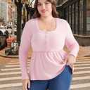 Women's Plus Size Babydoll Tops Long Sleeve Henley Shirts Cute Square Neck Peplum Top Button Casual Swing Flowy Blouses (Pink, XL)