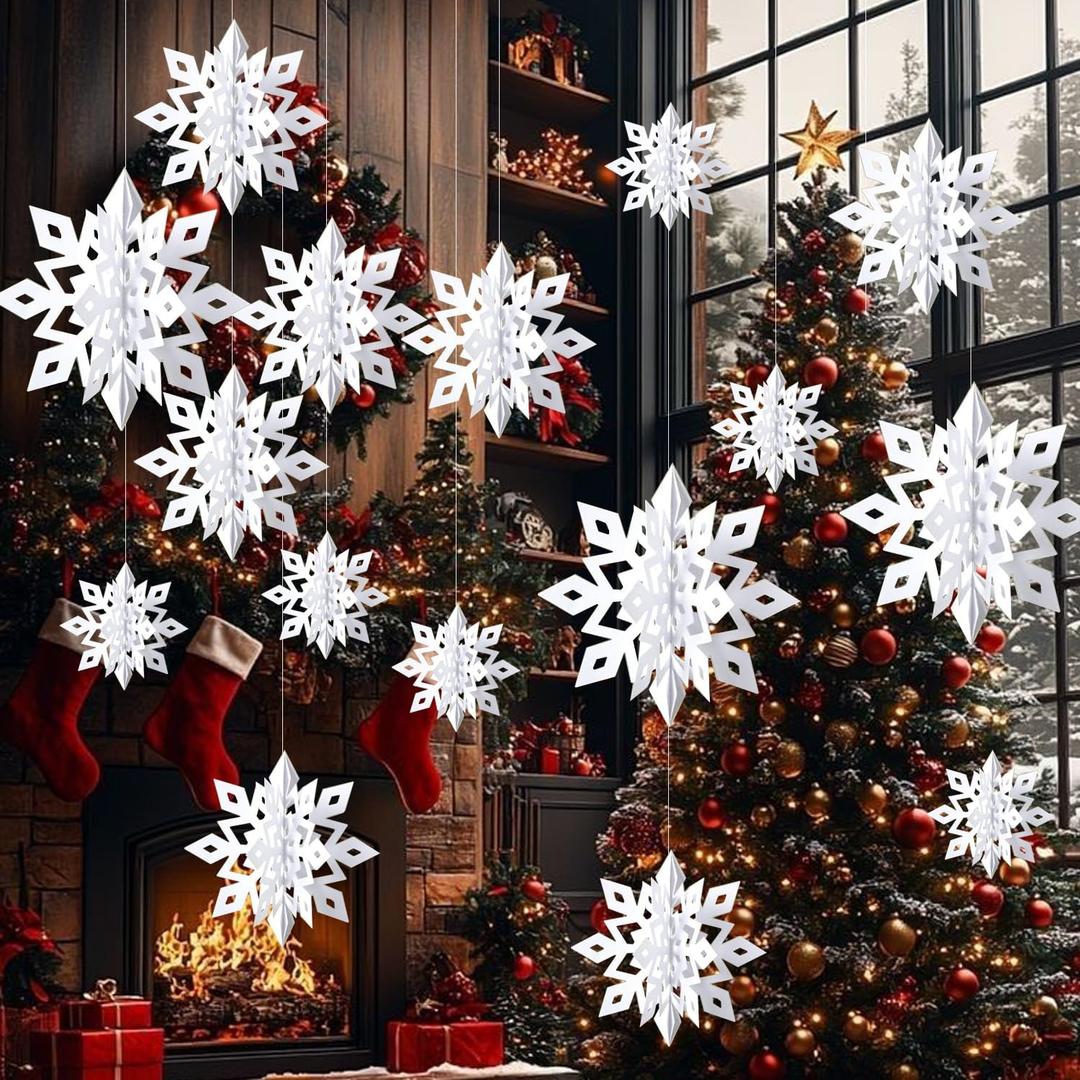 18pcs Hanging Snowflake Decorations, 3D Paper Snowflakes Ornaments, Large Snowflake Garland for White Christmas Ornaments, Christmas Decorations for Winter Wonderland Indoor Home Decor New Year Party