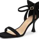 Carcuume Women's Square Toe Heels Bow Tie Ankle Strap Heel Sandals Open Toe Wedding Shoes (Black), Size 7.5