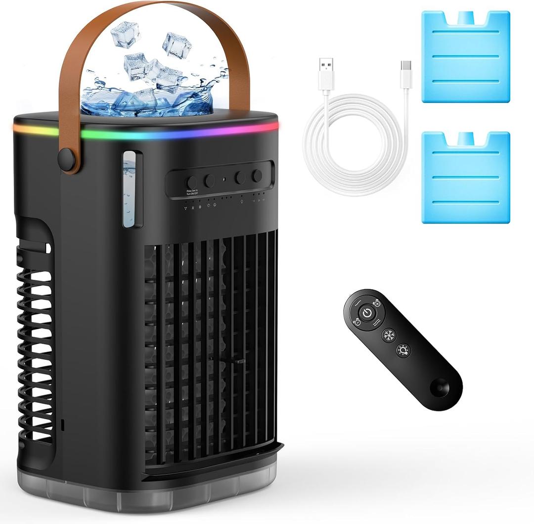 Upgraded 5 IN 1 Small Portable Air Conditioner with 2 Ice Packs, 2 Spray Ports, 1200ml Water Tank, 120Oscillating, 3 Speeds, Quiet Portable AC Units, 7H Timer