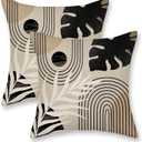 Black Boho Pillow Covers 16x16 Inch 2 Pcs Beige Brown Tropical Leaf Mid Century Summer Outdoor Decor Throw Pillows Modern Geometry Farmhouse Decoration Pillowcase Linen Cushion Cover for Couch