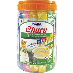INABA Churu Cat Treats, Grain-Free, Lickable, Squeezable Creamy Pure Cat Treat/Topper with Vitamin E & Taurine, 0.5 Ounces Each Tube, 50 Tubes, Tuna & Chicken Variety
