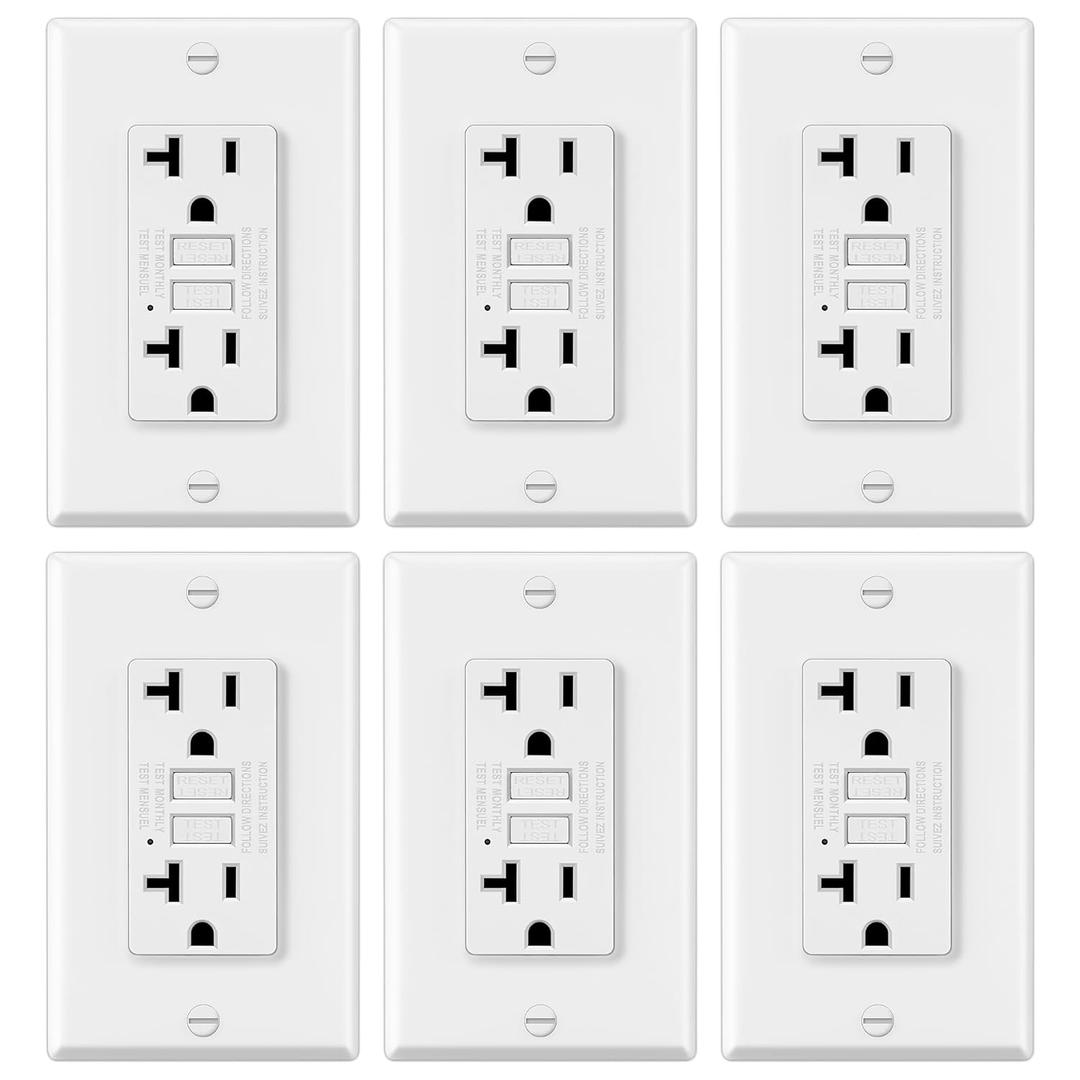 6 Pack GFCI Outlets 20 Amp, Non-Tamper Resistant, Decor GFI Receptacles with LED Indicator, Ground Fault Circuit Interrupter, Wallplate Included, ETL Listed, White