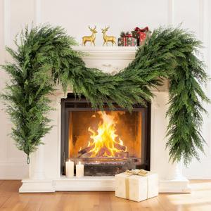 DEPMEM 9Ft Christmas Garland, Realistic Cedar Cypress Norfolk Pine Greenery Garland Faux Christmas Decorations for Mantle, Fireplace, Table, Stairs, Doors, Porch, Indoor Outdoor Christmas Decor