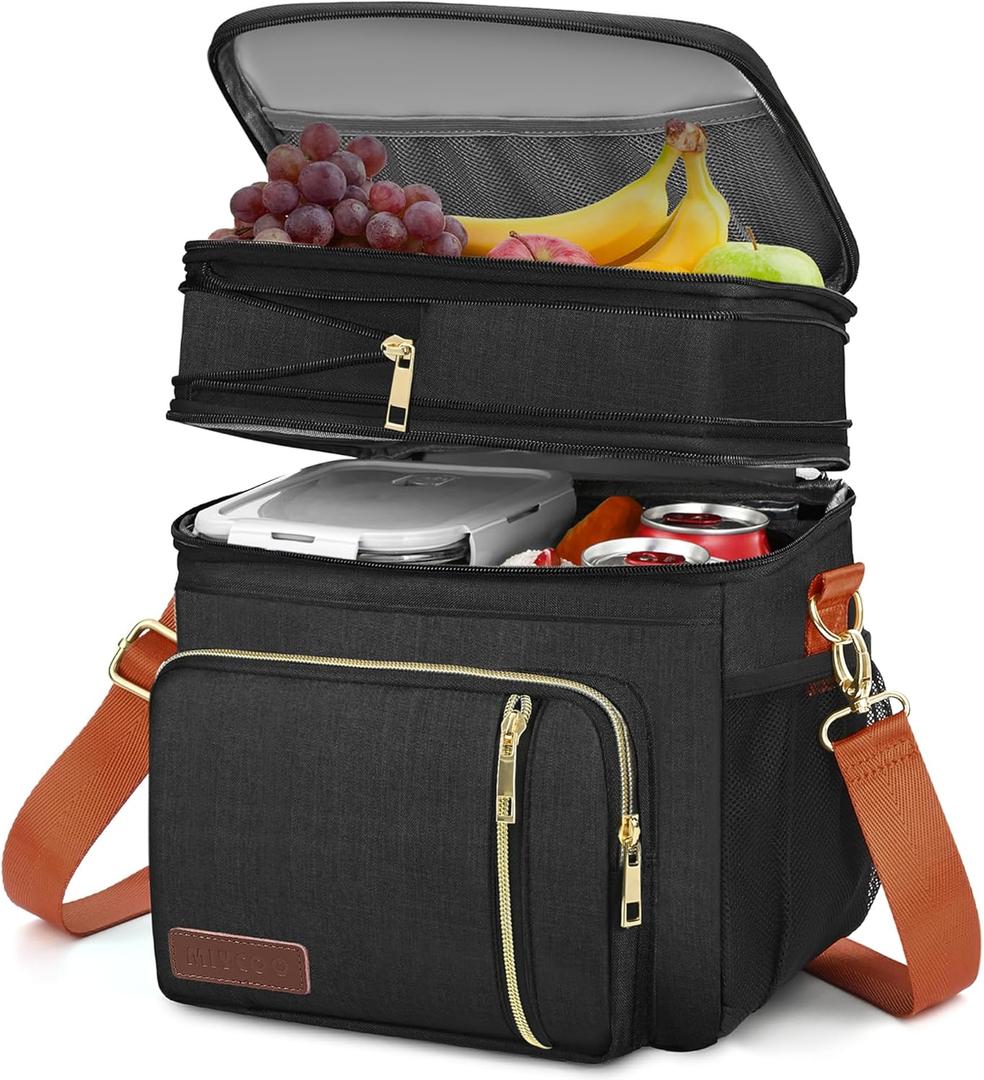 MIYCOO Lunch Bag & Lunch Box for Women Men Double Deck - Leakproof Insulated Soft Large Adult Lunch Cooler Bag for Work Black Orange (15L)