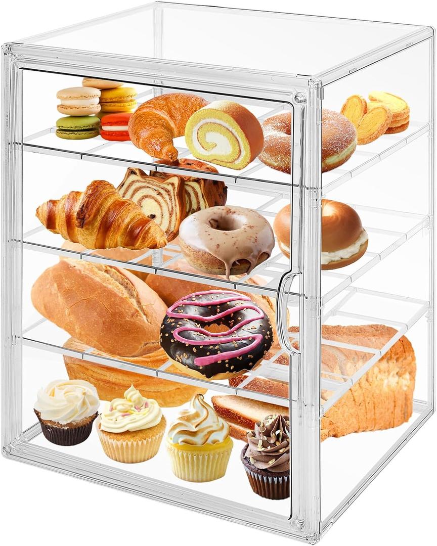 Large Clear Bread Box for Kitchen Countertop 4 Layers Acrylic Pastry Display Case Bakery Storage Container with Magnetic Door Bread Keeper for Homemade Cookie Cupcake Muffins Bagel (1 Pack4 Layers)