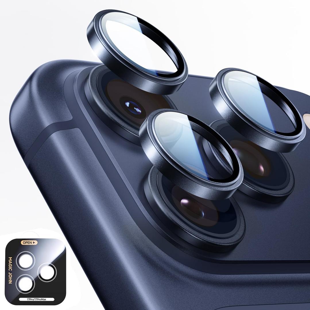 MAGIC JOHN for iPhone 17 Pro Max/17 Pro Camera Lens Protector [Alignment Kit&1:1 Invisible Fit] 9H Aerospace Tempered Glass, Ultra HD, Metal Individual Ring，Case Friendly, Set of 2,Blue