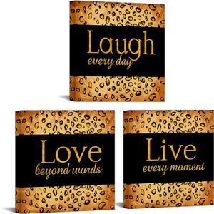 OuElegent 3 Piece Leopard Print Wall Decor Live Laugh Love Canvas Cheetah Wall Art for Modern Home Decor Stretched and Framed Ready to Hang