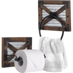 Autumn Alley Rustic Farmhouse Toilet Paper Holder and Towel Ring Rack w/Brackets, Wall Mount, 2 Set, Farmhouse Wall Toilet Paper Holder and Bathroom Hand Towel Holder Wooden Farmhouse Bathroom Decor