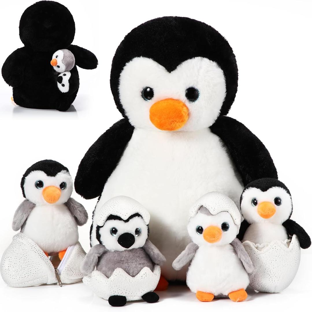 Aoriher 7 Pcs Valentine Penguin Stuffed Animal Sets 14 Inch Mommy Penguin and Plush Babies with 2 Eggs Wrapping Soft Cute Animal Plushie for Valentine Kids Exchange Gifts