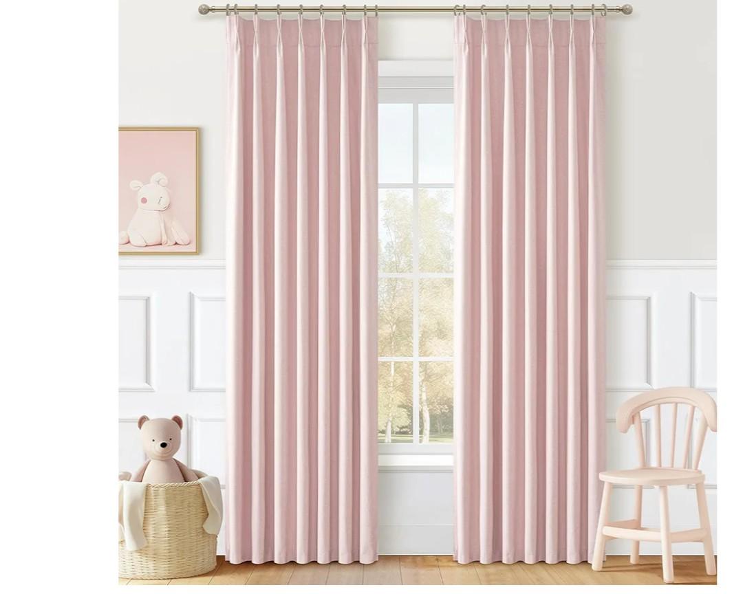 Baby Pink Modern Pinch Pleated Curtains & Drapes 84 Inch Length 2 Panels Set for Living Room, Blackout Thick Linen Blend Thermal Privacy Baby Girls Room Window Curtain with Hooks Ring 40"x84"