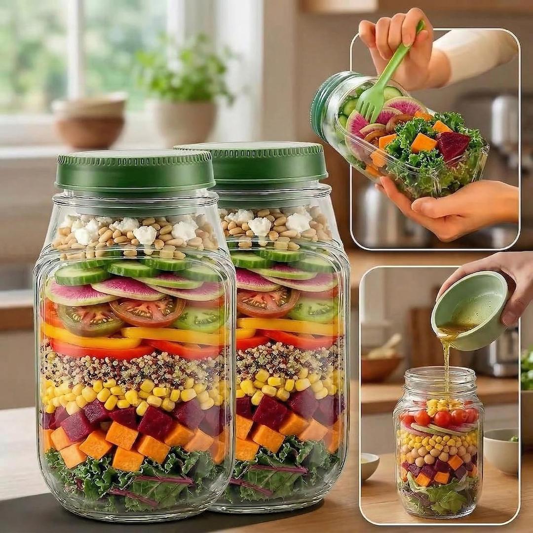 Layered Salad Container BPA-Free Plastic Mason Jar with Leak-Proof Lid Separated Dressing Cup Silicone Seal Leak-Proof Salad Jar with Dressing Reusable Meal Prep Container for Fresh Salad