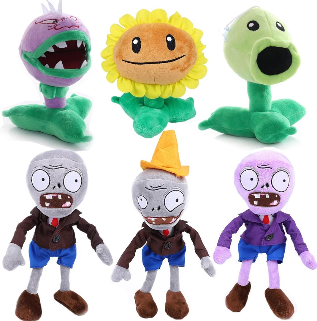 JHESAO 6 PCS Plants and Zombies PVZ Plush Zombies Plants Sets - Peashooter, Conehead, Chomper, Sunflower Figures in Gray and Purple