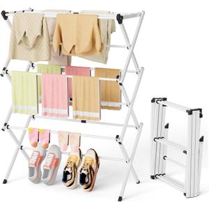 BAKON Space Saving Foldable Clothes Drying Rack, Extendable Rustproof Laundry Rack for Indoor Outdoor Use, No Assembly Required, Suitable for Bathroom Laundry Room Apartment RV, White