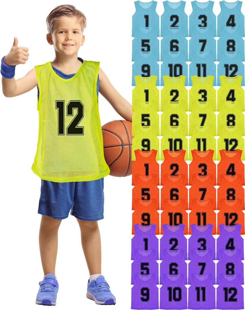 Suhine 48 Pcs Youth Pinnies - Mesh Basketball Team Practice Jersey - Numbered Soccer Scrimmage Vest for Sports (Cheerful Colors)