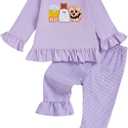 Toddler Girl Halloween Outfit Boo Embroidery Long Sleeve Ruffle Shirt Top Plaid Pants Set 2 Piece Fall Clothes (12-18 Months, Purple)