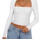 REORIA Women's Basic Sexy Square Neck Long Sleeve Y2K Going Out T Shirt Crop Top, S