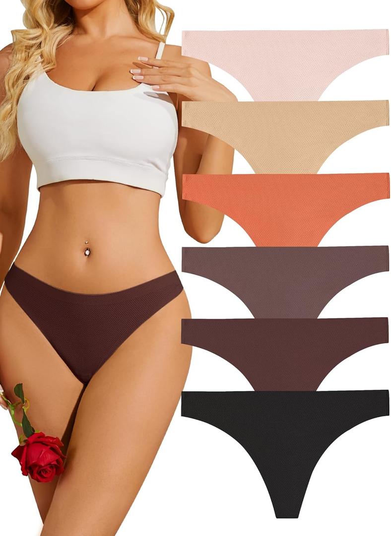 ANSUKOO Seamless Thongs for Women Underwear 6Pack,No Show Ladies Workout Thong,No Line Breathable Comfortable Sport Panties (X-Small, Assorted)