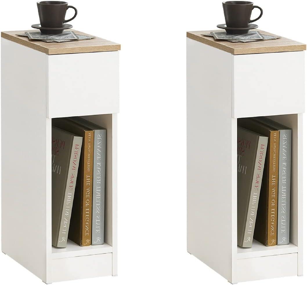 SoBuy Narrow Nightstand Set of 2, Slim Bedside Tables with Drawers Suitable for Small Space, Small Side Tables Bedroom for Easy Assemble (White & Natural)