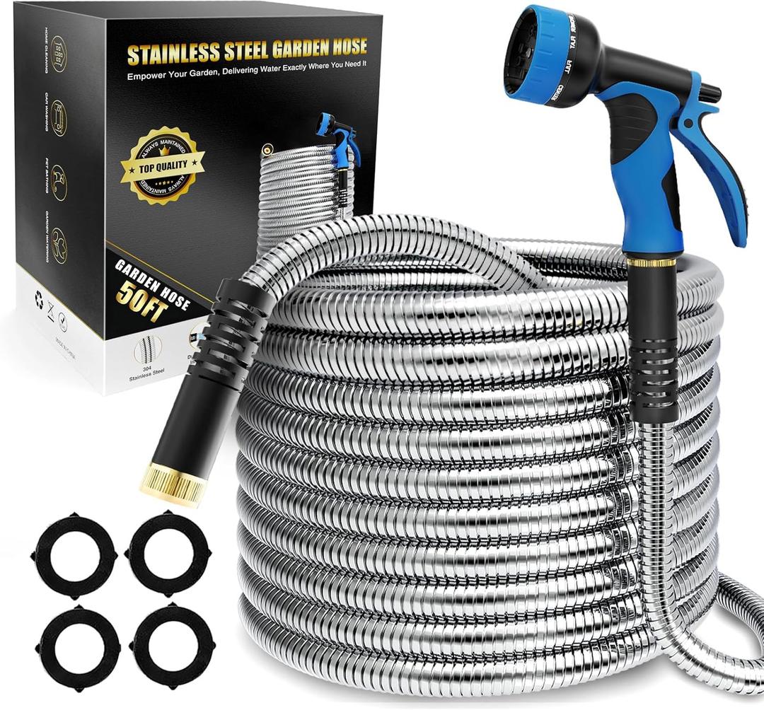 Lefree 50ft Metal Garden Hose - Heavy Duty 304 Stainless Steel Flexible Water Hose, No Kinks & Leak-Proof with Upgraded Handle, 10-Function Spray Nozzle for Balcony, Patio, Small Yard, Car Wash