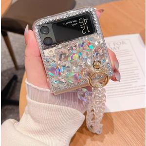 for Samsung Galaxy Z Flip 4 Case for Women Girls with Strap,Galaxy Flip 4 Case Luxury Bling Diamond Crystal Rhinestone Design,3D Cute Glitter Clear Soft TPU Bumper Cover for Samsung Z Flip 4 5G (White)