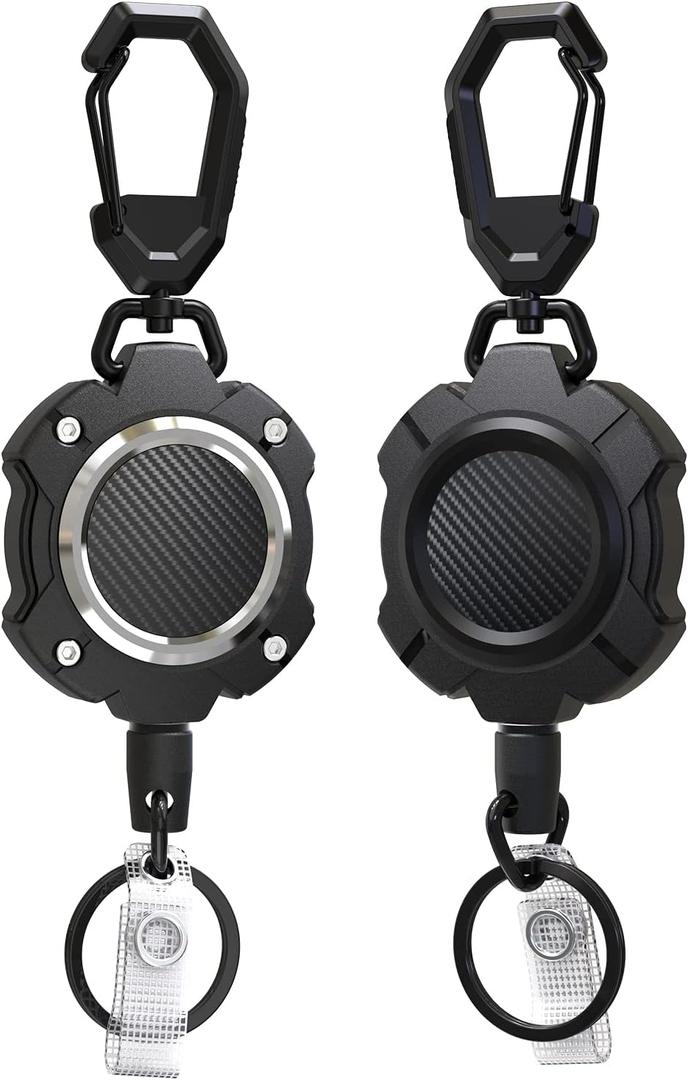 LIUGX 2 Pack Retractable Keychain, Heavy Duty Carabiner Key Chains, 10,000+ Rebound, Impact Resistance ID Badge Reels with 31.5 Wire Rope and Key Ring, Up to 8oz, Aluminum Ring, Carbon Fiber-Texture (Silver)