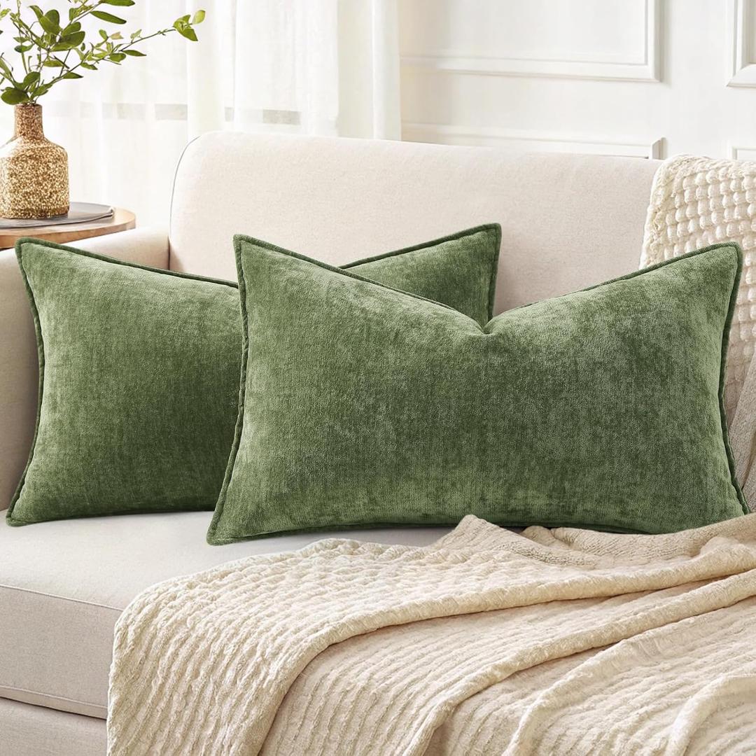 decorUhome Summer Couch Throw Pillow Covers 12x20 Set of 2, Decorative Soft Velvet Modern Cozy Chenille Lumbar Pillow Cases with Elegant Design for Sofa Bed Living Room Home Decor, Olive Green