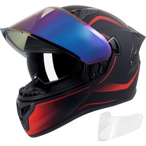 Full Face Motorcycle Helmets for Adult Men Women, DOT Approved Street Bike Racing Helmet Dual Visor Quick Release Buckle, Motorbike ADV Moped Helmet with Extra Clear Visor, Matte Black Red, Small
