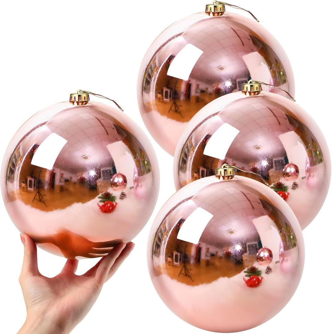 Zubebe 4 Pcs Extra Large Christmas Ball Ornaments 8'' (200 Mm) Giant Oversized Plastic Xmas Ball Big Hanging Christmas Tree Ornaments for Holiday Party Outdoor Decor(Shiny Rose Gold)