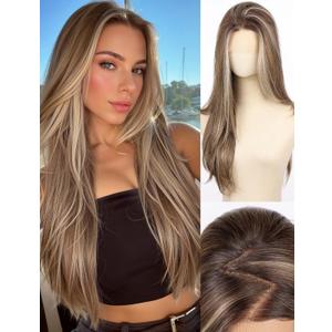 Straight 13x4 HD Lace Front Wig for Women, 26inch Heat Resistant Synthetic Hair Glueless Pre Plucked Straight Human Hair-Like Layered Wig with Realistic Scalp (Mixed Brown Color)