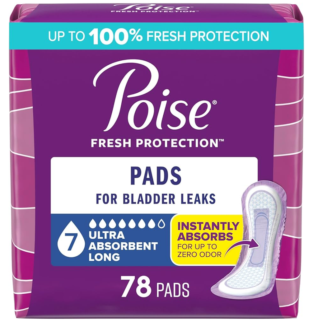 Poise Incontinence & Postpartum Pads for Bladder Leaks, 7 Drop Ultra Absorbency, Long Length, 78 Count, Packaging May Vary