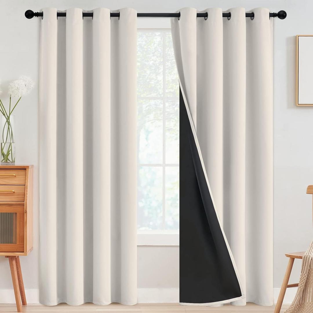 SimpleHome 100% Blackout Curtains for Bedroom, Thermal Insulated Grommet Window Drapes Room Darkening Cream Curtains for Living Room with Black Back, 52 x 84 Inch, 2 Panels